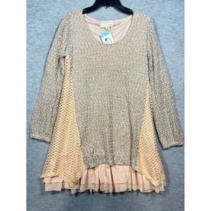 A'Reve Women's Dress Sz L‎ Sweater Ruffle Boho Hippie Ruffle Crochet